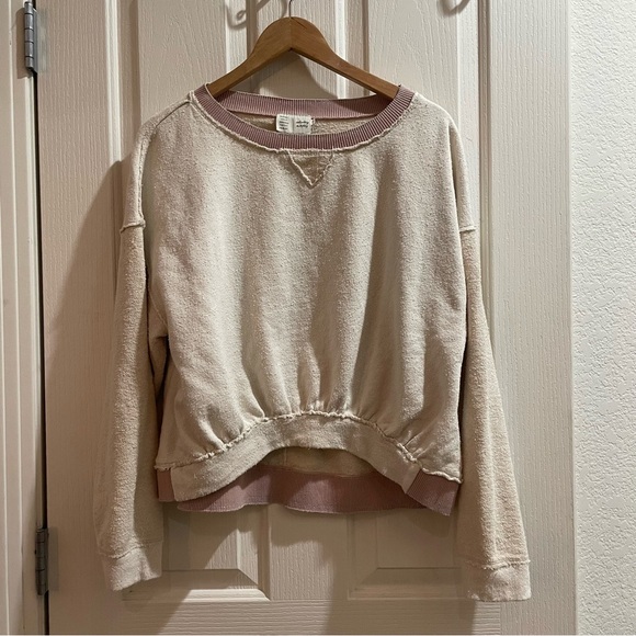 Anthropologie Saturday Sunday Au Fait Cream Pink Metallic Trim Linen Sweatshirt - Picture 5 of 12
